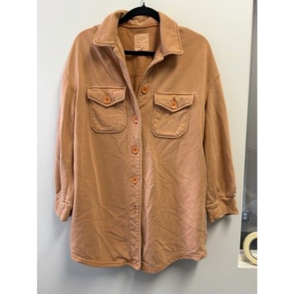 Avec Les Filles Women’s Tan Cotton Blend Button-Front Shacket Jacket Pockets M